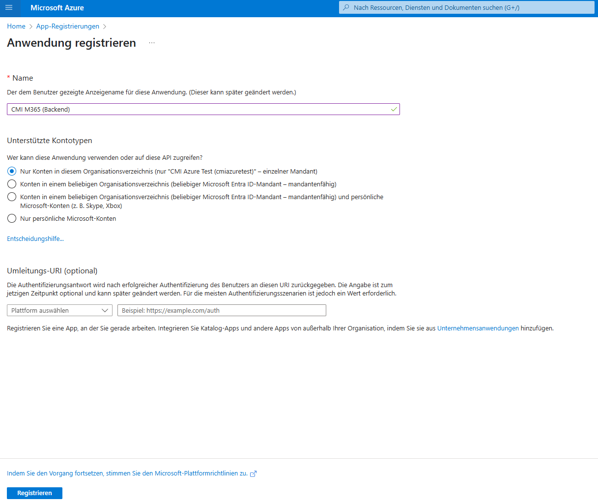 Backend App-Registrierung