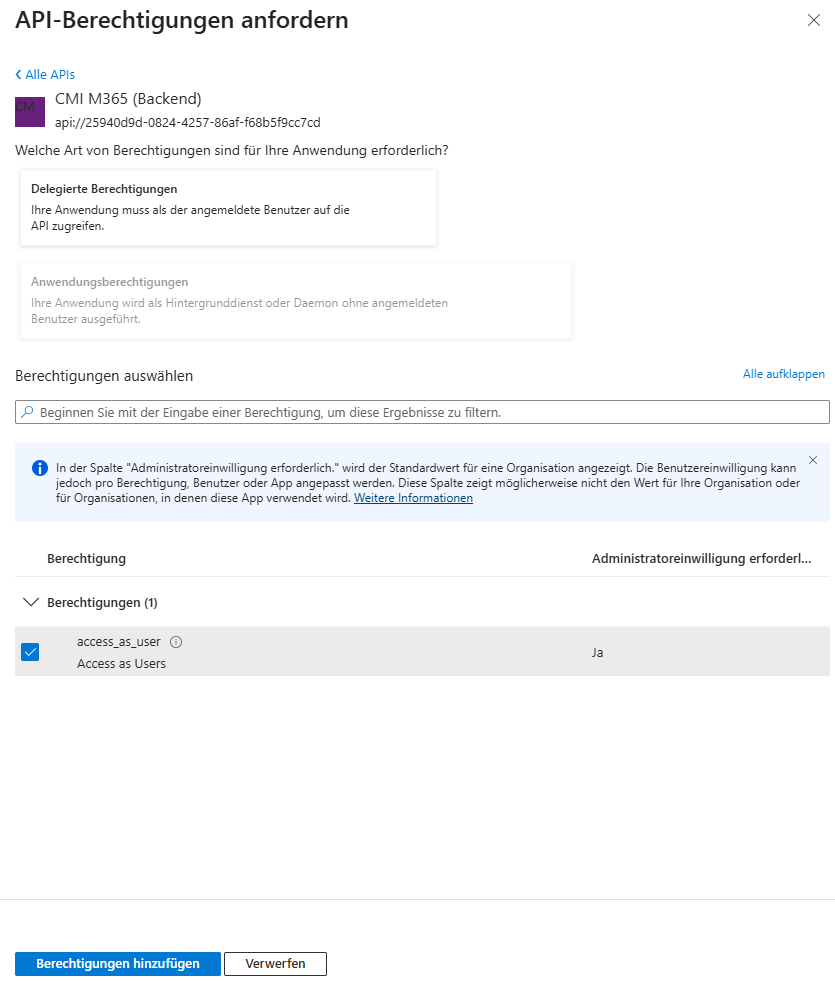 Backend API Berechtigung auswählen