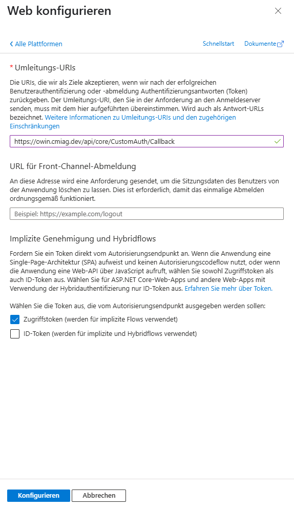 Umleitungs-URI eintragen