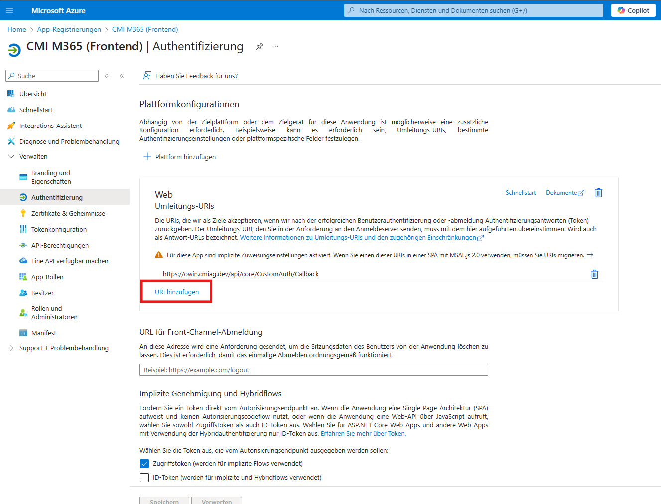 Weitere Umleitungs-URIs eintragen