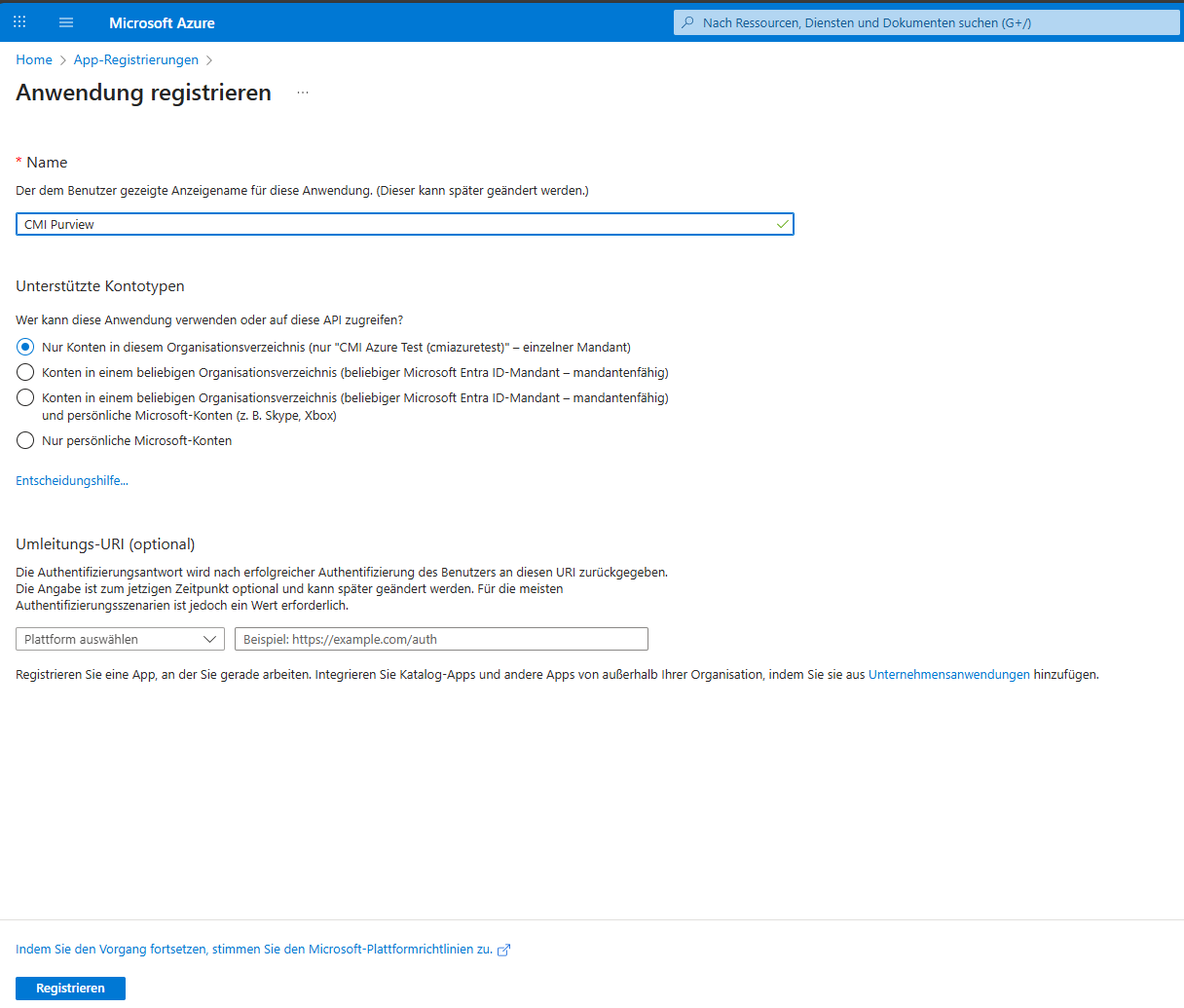 Purview App-Registrierung