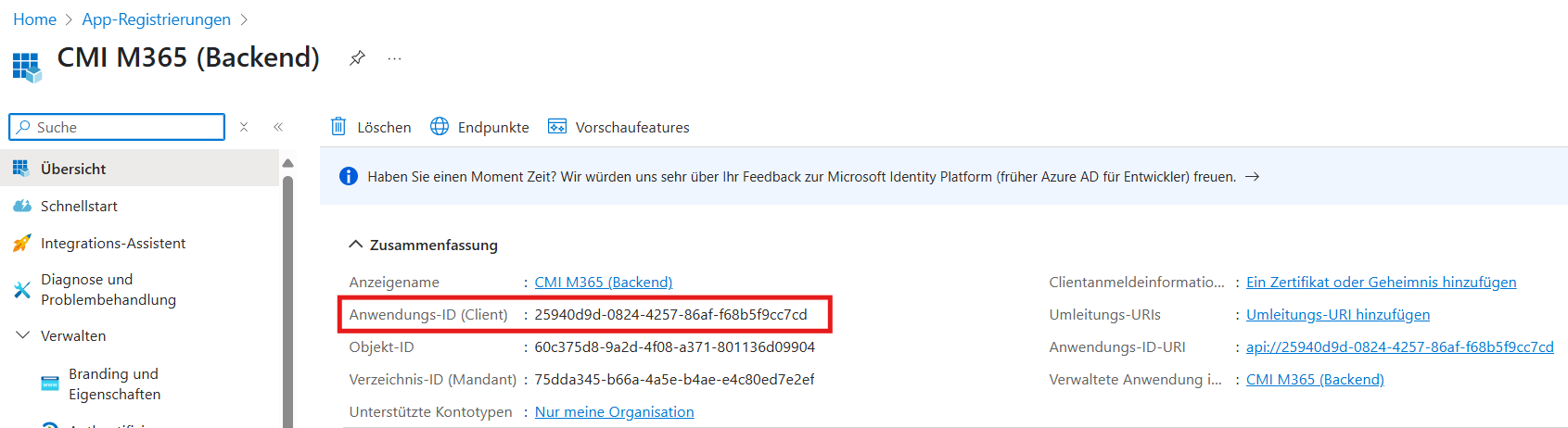 Anwendungs-ID (Client) - Backend