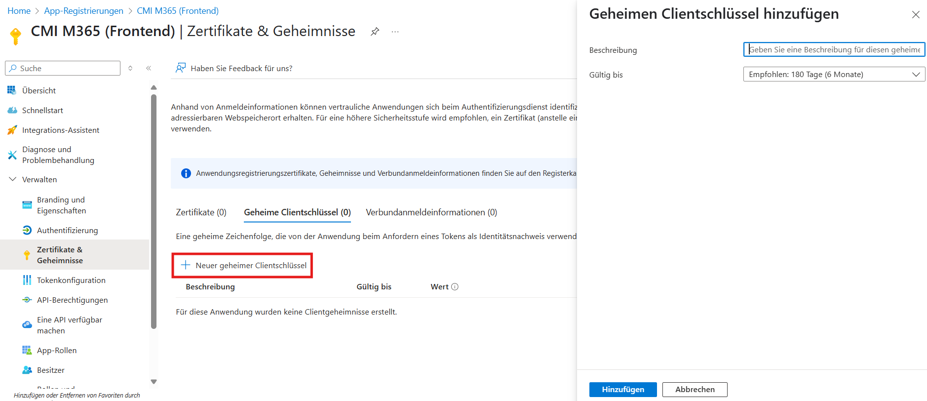 Geheimer Clientschlüssel hinzufügen