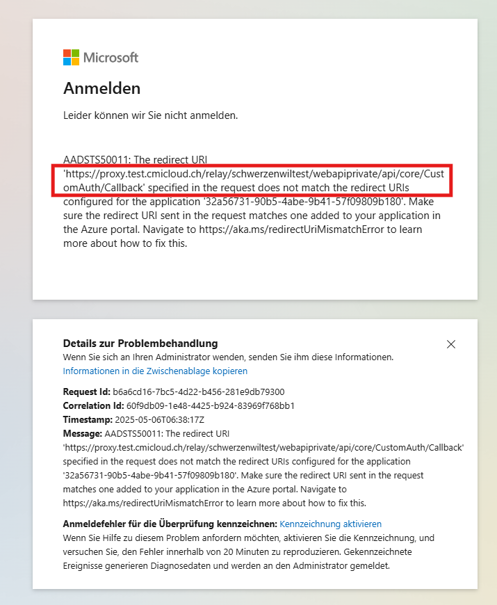 Redirect URI eintragen